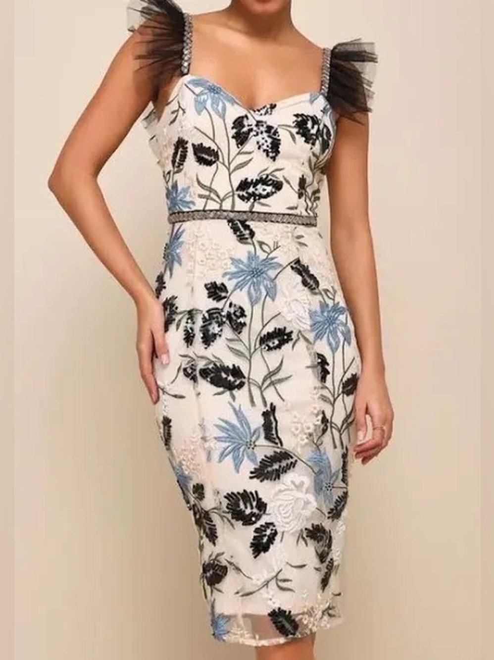 Lulus Show Stopper Cream Embroidered Sequin Bodycon Midi Dress